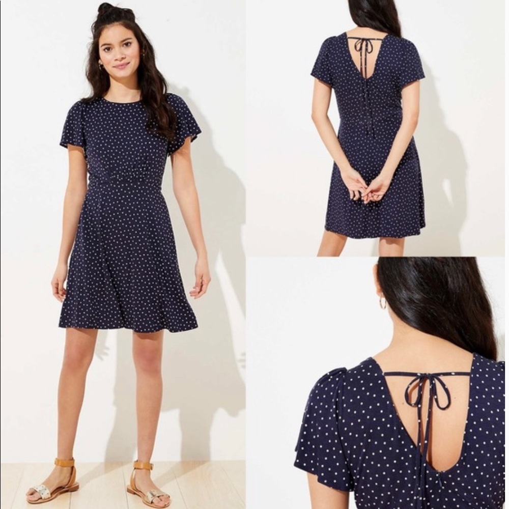 LOFT Navy Dotted Tie Back Pocket Flare Dress